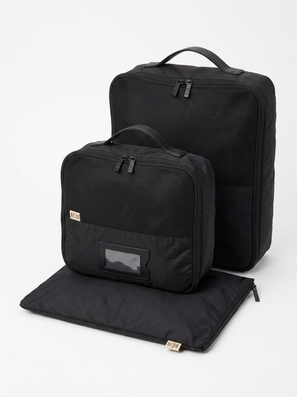BÉIS Travel Packing Cubes Pouch Set of 3 Mesh Nylon Black OS